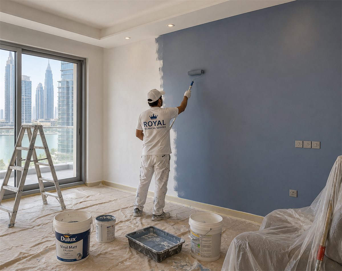 Painter rolling a fresh coat onto a Dubai apartment wall