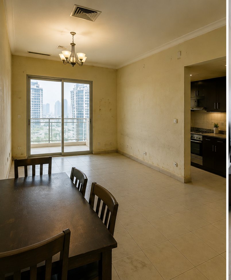 Dated, patchy walls in a JVC apartment before painting