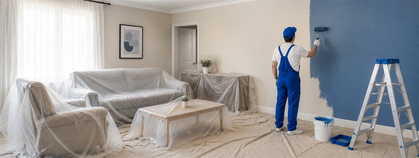 Furniture and floors fully covered with protective sheeting before painting