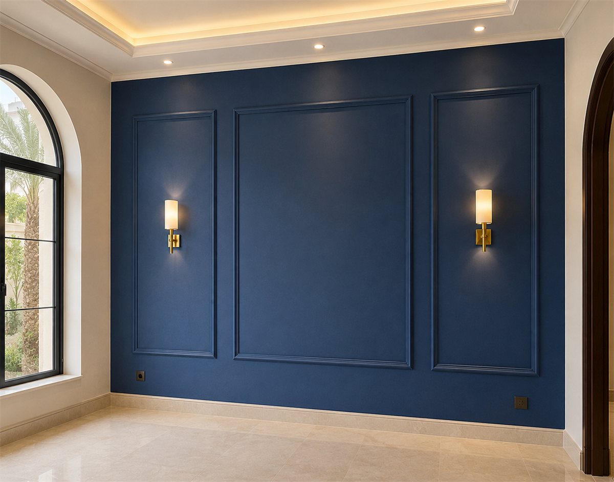 Navy blue accent wall with panel moulding in an Arabian Ranches villa majlis